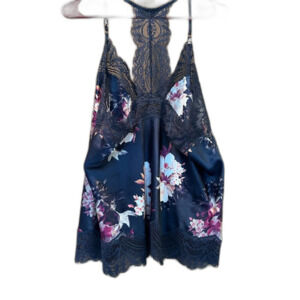 INC. International Concepts Lace-Trim Satin Cami XL Navy Floral